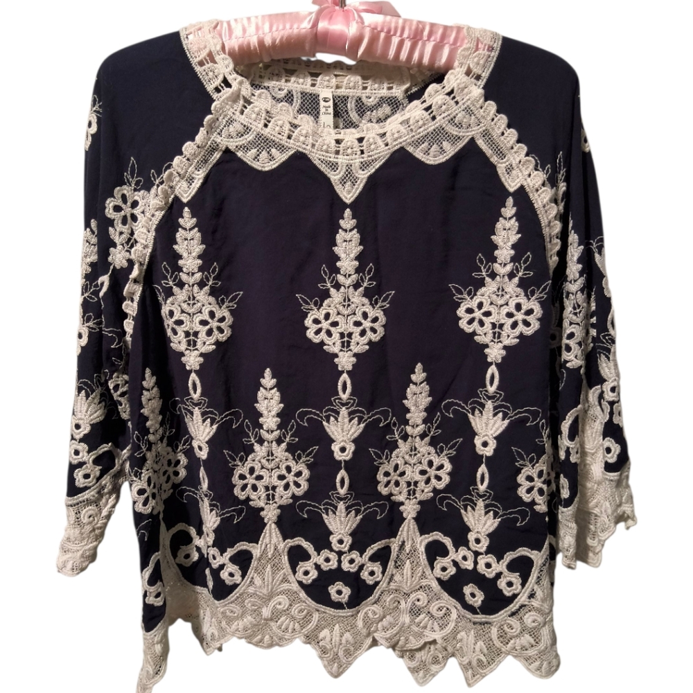 Leo and Nicole Navy Blue and White Lace Embellished Cottagecore Blouse